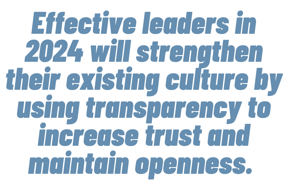 This is a text quote graphic that says: "Effective leaders in 2024 will strengthen their existing culture by using transparency to increase trust and maintain openness. "