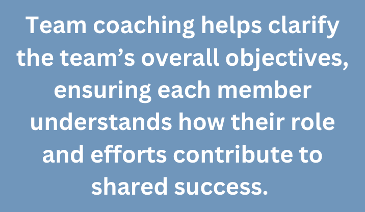 A graphic that says, "Team coaching helps clarify the team’s overall objectives, ensuring each member understands how their role and efforts contribute to shared success."