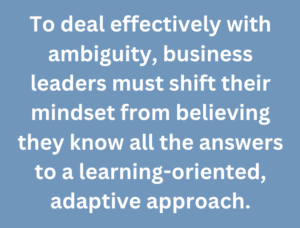 A graphic that says, "To deal effectively with ambiguity, business leaders must shift their mindset from believing they know all the answers to a learning-oriented, adaptive approach."