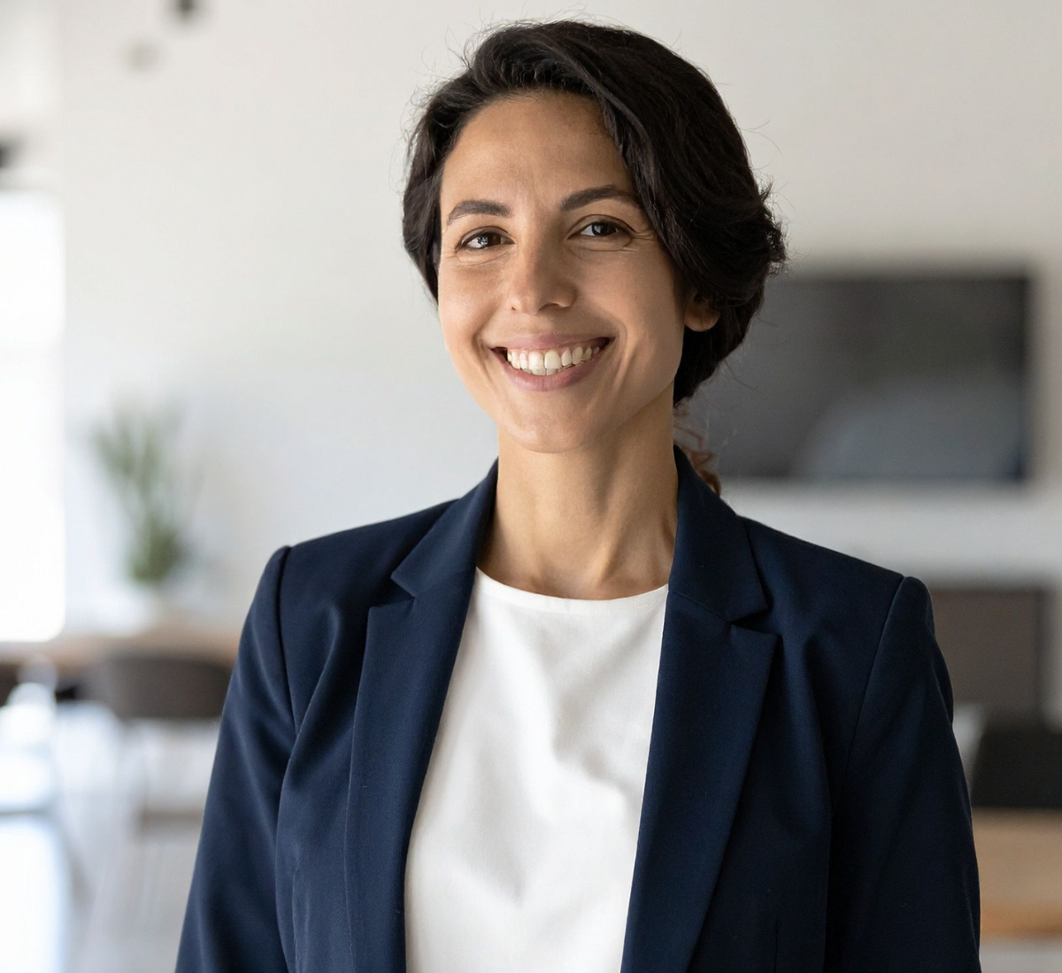 A businesswoman smiling confidently.