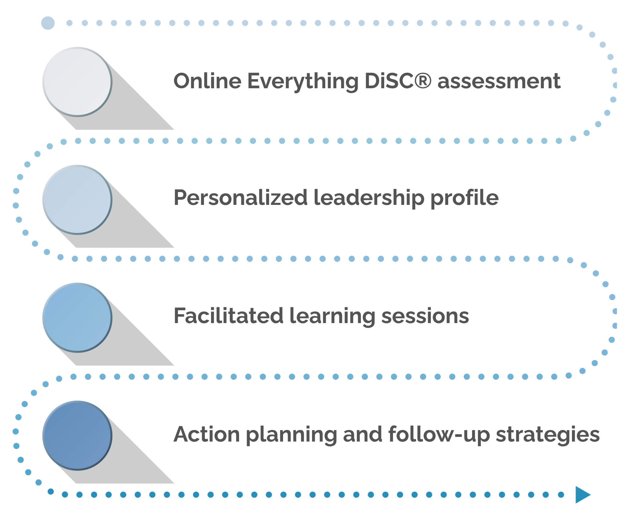A bullet point graphic, with an arrow flowing between the items from the top down. The points are as follows: "Online Everything DiSC® assessment," "Personalized leadership profile," "Facilitated learning sessions," and "Action planning and follow-up strategies."