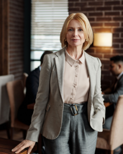 A confident leader standing in front of her team, seated around a table.